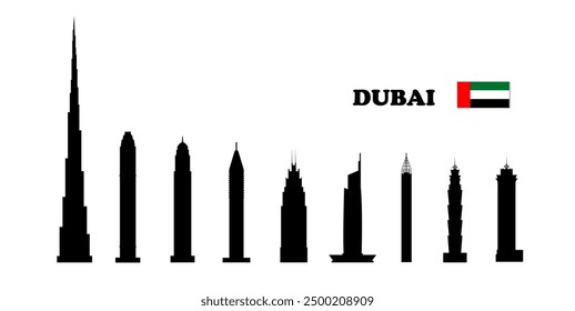 Dubai. Set of skyscraper silhouettes on white background. Vector illustration