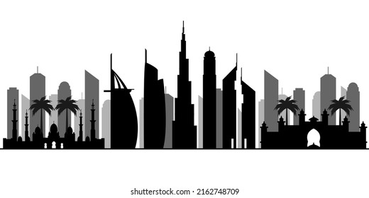 Dubai silhouette. Emirates skyline. Vector illustration with all famous towers. United Arab Emirates skyscraper buildings silhouette.