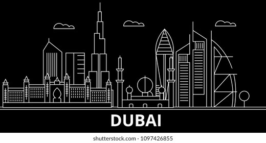 Dubai silhouette skyline. United Arab Emirates - Dubai vector city, arab linear architecture, buildings. Dubai travel illustration, outline landmarks. United Arab Emirates flat icon, arab line banner