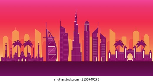 Ilustración vectorial de silueta de Dubai, Emiratos Árabes Unidos.
