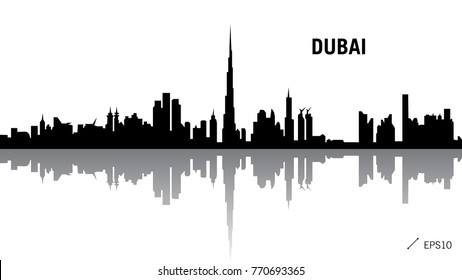 Dubai skyline black silhouette isolated on white background with reflection. Vector illustration editable simple flat concept for tourism presentation, banner, postcard or website.