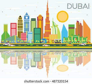 Dubai Skyline with Color Buildings, Blue Sky and Reflection. Vector Illustration. 