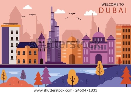 Dubai skyline concept flat vector illustration,Travel to Dubai concept with skyline and famous buildings landmark