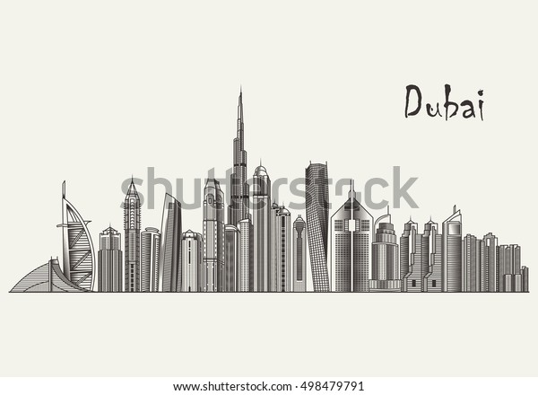 Dubai Skyline Detailed Silhouette Hand Drawn Stock Vector (Royalty Free ...