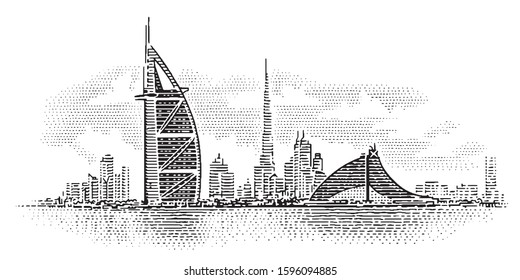 Dubai skyline engraving line illustration. United Arab Emirates drawing. Vector. Sky in separate layer. 