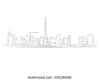 Dubai Skyline Landmark Sketch. Line Art drawing by hand. Travel design, architecture icon for greeting card, vector background.