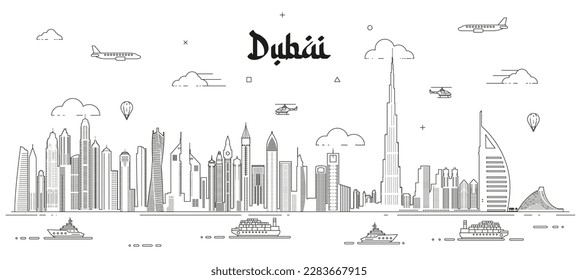 Dubai skyline line art vector illustration