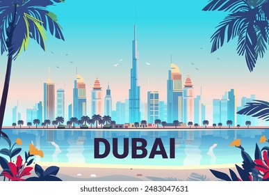 Dubai skyline with modern skyscrapers tropical beach and palm trees reflecting in water vibrant colors travel destination concept banner