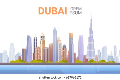 Dubai Skyline Panorama, Modern Building Cityscape Business Travel And Tourism Concept Flat Vector Illustration