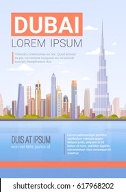 Dubai Skyline Panorama, Modern Building Cityscape Business Travel And Tourism Concept Flat Vector Illustration