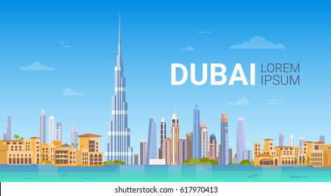Dubai Skyline Panorama, Modern Building Cityscape Business Travel And Tourism Concept Flat Vector Illustration