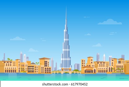 Dubai Skyline Panorama, Modern Building Cityscape Business Travel And Tourism Concept Flat Vector Illustration