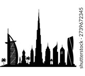 Dubai Skyline Silhouette Featuring Burj Khalifa, Burj Al Arab, Modern Towers, and Palm Trees in a Bold Black Cityscape Design. This bold black silhouette illustration highlights the iconic Dubai skyline, dominated by the towering Burj Khalifa at the center and the sail‑shaped Burj Al Arab to the left. Surrounding skyscrapers and palm trees enhance the city’s distinctive blend of futuristic architecture and desert atmosphere. The clean vector style and strong contrast make this artwork ideal for travel materials, posters, branding, editorial layouts, and decorative prints celebrating Dubai’s modern urban identity.