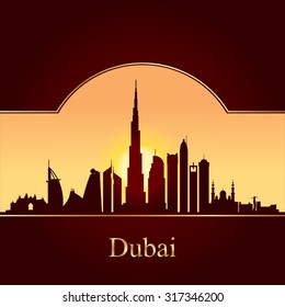 Dubai skyline silhouette on sunset background, vector illustration