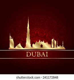 Dubai skyline silhouette on vintage background, vector illustration