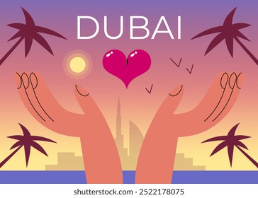 horizonte de Dubai ao pôr do sol com palmeiras e praia. Mãos e coração. Silhuetas coloridas dos arranha-céus Sail Hotel e Burj Khalifa no fundo. Ilustração de vetor plano em estilo cartoon.