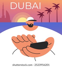 Dubai com o homem. Ilustração de vetor plano.