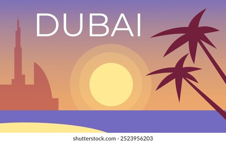 Cidade de Dubai com praia e árvores. Ilustração de vetor plano.