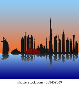 Dubai skyline at sunset/ sunrise with reflection in the water vector illustration
