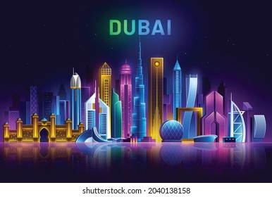 Dubai Skyline, UAE night city illuminated by neon lights, United Arab Emirates cityscape on a dark background horizontal banner