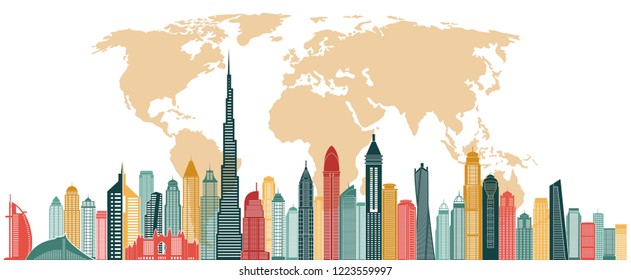 Dubai skyline. UAE Urban cityscape. Travel and tourism background. Vector illustration