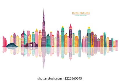 Dubai skyline. UAE Urban cityscape. Travel and tourism background. Vector illustration