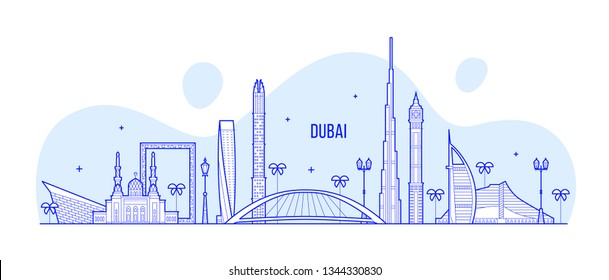 Dubai skyline, United Arab Emirates, UAE. This illustration represents the city with its most notable buildings. Vector is fully editable, every object is holistic and movable