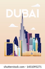 Dubai. Skyline and vector landscape of buildings and famous landmarks. 