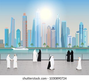 Dubai Skyscrapers Arabs walk along the embankment