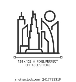 Dubai skyscrapers modern linear icon. Artificial island, twisted tower, famous landmarks. Luxury lifestyle resort. Thin line illustration. Contour symbol. Vector outline drawing. Editable stroke