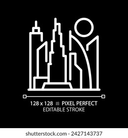 Dubai skyscrapers modern white linear icon for dark theme. Artificial island. Twisted tower. Famous landmarks. Thin line symbols for night, day theme. Isolated illustrations. Editable stroke