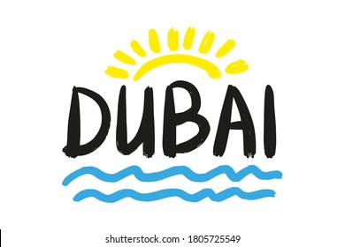 Dubai text, sun and sea. Template for printing. United Arab Emirates. Colored outline drawing. Vector flat graphic hand drawn illustration. The isolated object on a white background. Isolate.