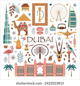 Dubai travel poster or card with famous symbols and buildings. UAE postcard for print with tourist landmarks, animals, arabic food and architectural monuments.