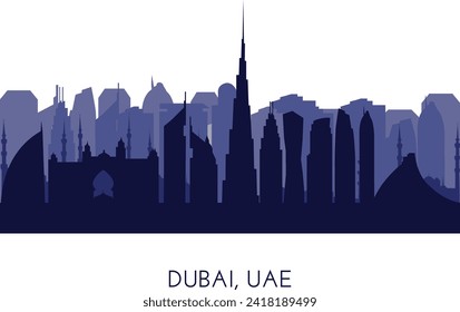 Dubai UAE 2024 skyline silhouette. Purple Dubai city design isolated on white background, vector sights