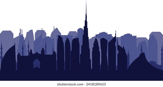 Dubai UAE 2024 skyline silhouette. Purple Dubai city design isolated on white background, vector sights