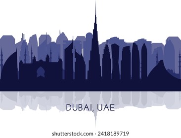 Dubai UAE 2024 skyline silhouette. Purple Dubai city design isolated on white background, vector sights