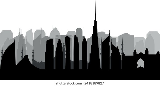 Dubai UAE 2024 skyline silhouette. Black Dubai city design isolated on white background, vector sights