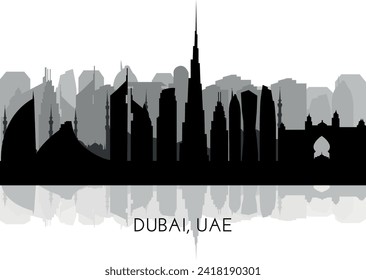 Dubai UAE 2024 skyline silhouette. Black Dubai city design isolated on white background, vector sights