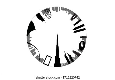 Dubai UAE 360 Globe Sphere Little Planet Landscape skyline urban cityscape in silhouette 2020 - Illustration