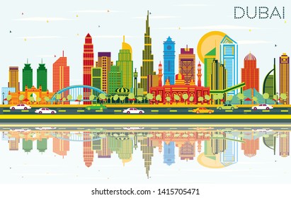 Dubai UAE City Skyline with Color Buildings, Blue Sky and Reflections. Vector Illustration. Business Travel and Tourism Concept with Modern Architecture. Dubai Cityscape with Landmarks.