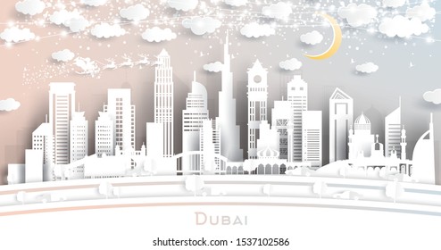 Dubai UAE City Skyline in Paper Cut Style with Snowflakes, Moon and Neon Garland. Vector Illustration. Christmas and New Year Concept. Santa Claus on Sleigh.