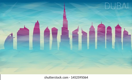 Dubai UAE City Skyline Vector Silhouette. Broken Glass Abstract Geometric Dynamic Textured. Banner Background. Colorful Shape Composition.