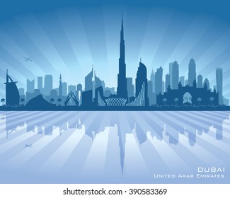 Ilustración de la silueta de vector de la línea aérea de la ciudad de Emiratos Árabes Unidos de Dubai