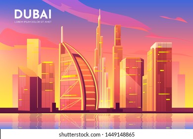 Dubai, UAE city view. United Arab Emirates cityscape architecture background, modern megapolis skyline with futuristic buildings reflecting at Persian Gulf waterfront. Cartoon vector illustration