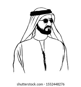 Dubai, UAE - December 2, 2019. Sheikh Mohammed bin Rashid Al Maktoum. Ruler of Dubai. Hand Drawn. Vector Logo.  