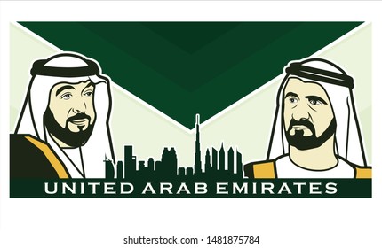 Dubai, UAE - December 2: Leader of UAE. Syeikh Khalifa Al Nahyan and Syeikh Mohammed Rashid Al Maktoum. Vector Logo. Eps 08. 