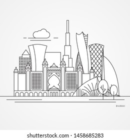 Dubai. UAE, detailed silhouette. Trendy vector illustration, flat style. Stylish landmarks. The concept for a web banner. Skyscrapers - The symbol of United Arab Emirates.