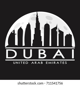 Dubai UAE Full Moon Night Skyline Silhouette Design City Vector Art Logo.