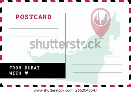From Dubai, UAE postal card template. Vector postcard illustration with landmark, Arab Emirates map, message place. Simple flat greetings image layout