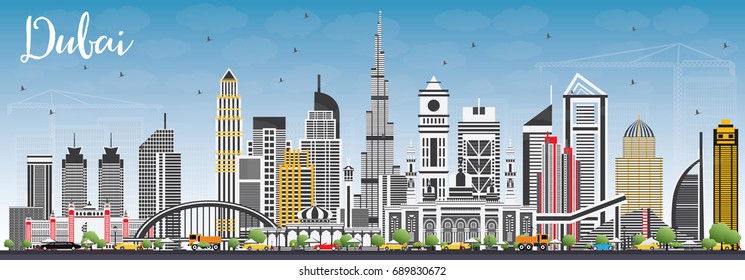 Dubai UAE Skyline with Gray Buildings and Blue Sky. Vector Illustration. Business Travel and Tourism Illustration with Modern Architecture. Image for Presentation Banner Placard and Web Site.